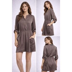 Azzoug Green/Grey Satin Dress Womens Size M Casual Minimalist Pockets